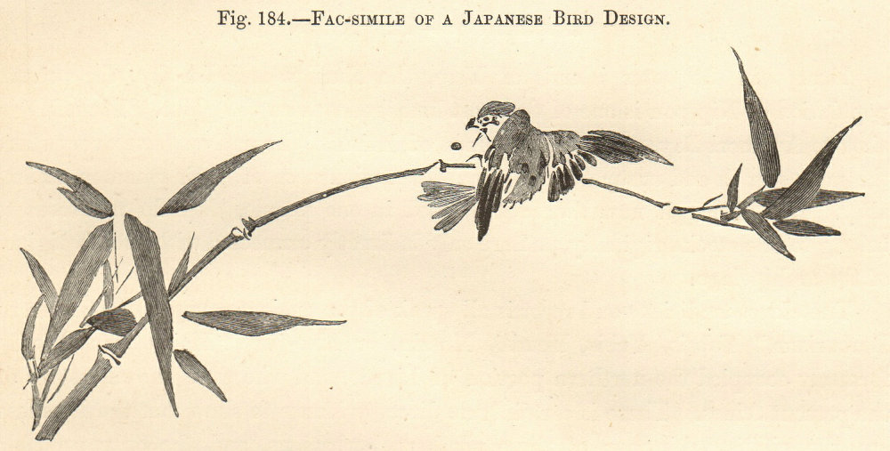 Japanese Bird Design. Traditional Japanese print. Branch leaves 1885 old