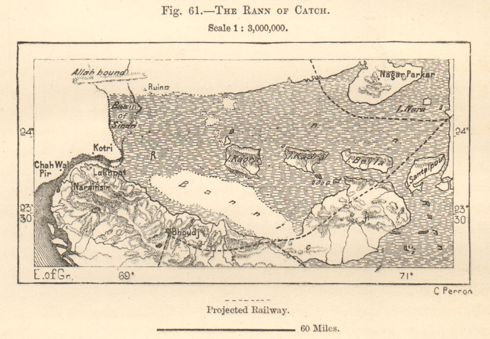 The Rann of Catch. Great Rann of Kutch, Gujarat. India. Sketch map 1885