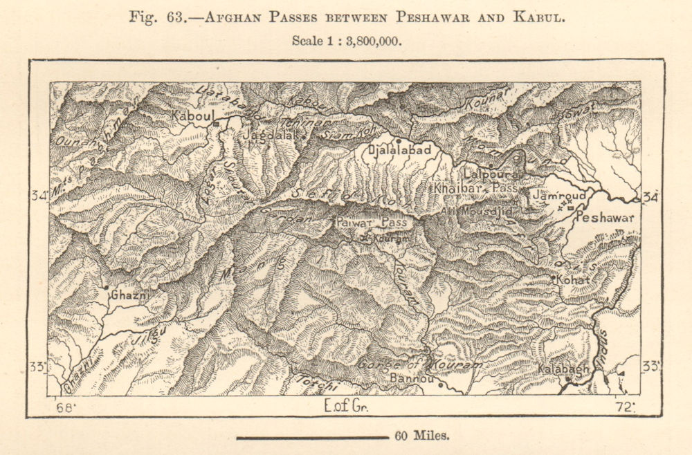 Afghan Passes between Peshawar and Kabul. Afghanistan Pakistan. Sketch map 1885