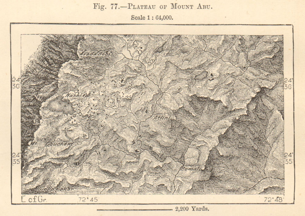 Plateau of Mount Abu. Rajasthan. India. Sketch map 1885 old antique chart
