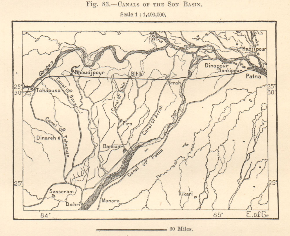 Associate Product Canals of the Son Basin. Patna Ganges India. Sketch map 1885 old antique