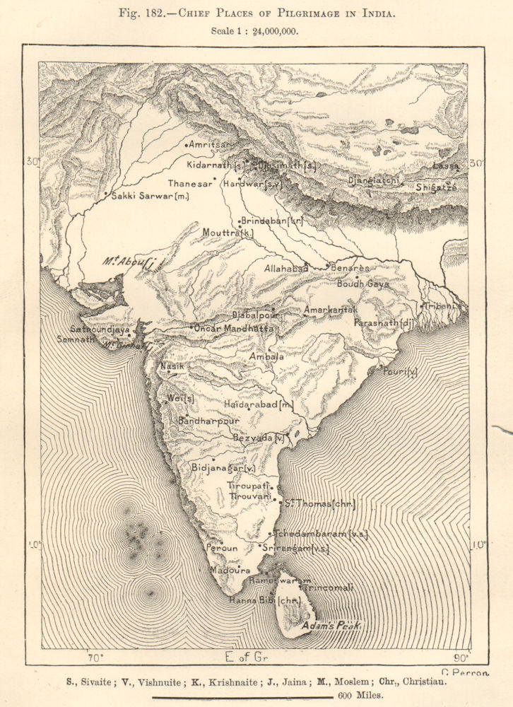 India main Pilgrimage sites. Vishnu Hindu Jain Muslim Christian Sketch map 1885