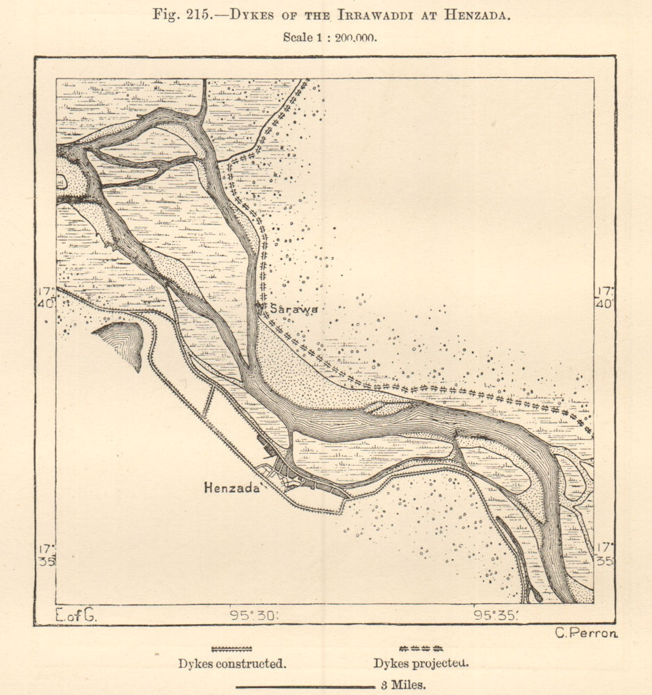 Dykes of the Irrawaddy river at Hinthada, Burma. Myanmar. Sketch map 1885