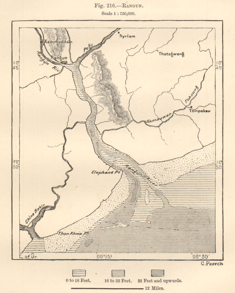 Yangon / Rangoon town & river, Burma. Rangun. Myanmar. Sketch map 1885 old