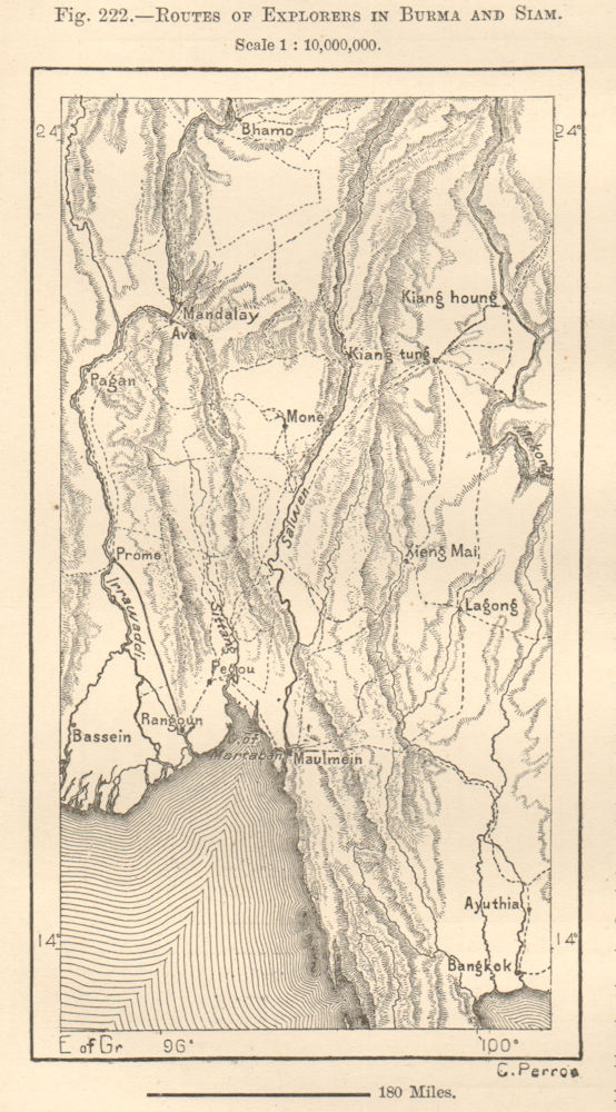 Explorers routes in Burma & Siam. Myanmar & Thailand. Indochina. Sketch map 1885