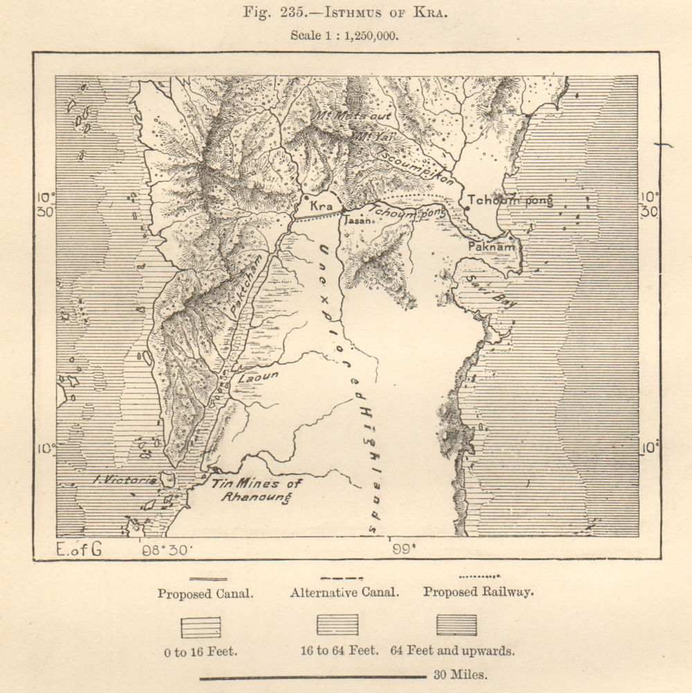 Isthmus of Kra. Chumphon Ranong Thailand Myanmar Proposed canal. Sketch map 1885