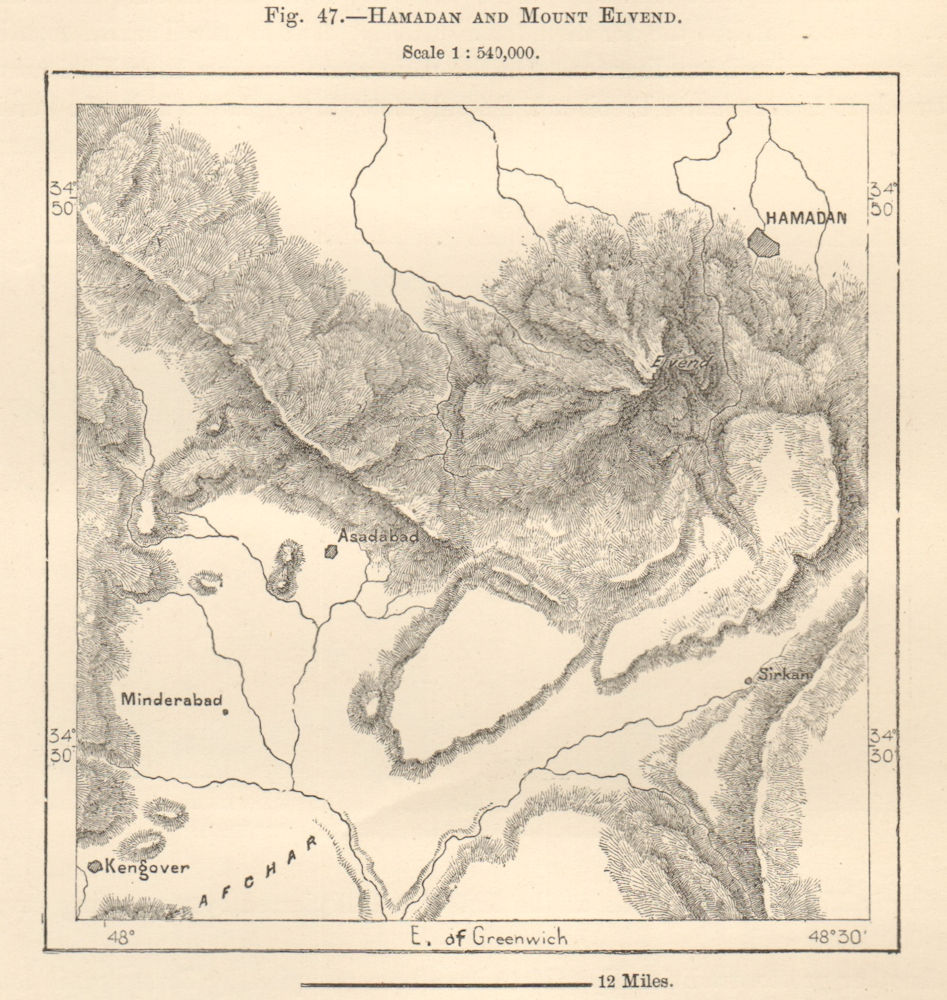 Hamadan and Mount Elvend. Hamedan & Mount Alvand. Iran Persia. Sketch map 1885