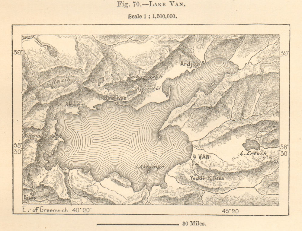 Associate Product Lake Van. Ahlat Adilcevaz Ercis Turkey. Sketch map 1885 old antique chart