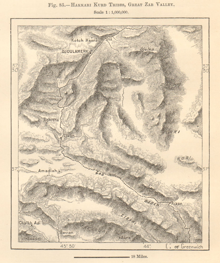 Djoulmark (Hakkari) Kurdistan Great Zab Valley Amedi Iraq Turkey Sketch map 1885
