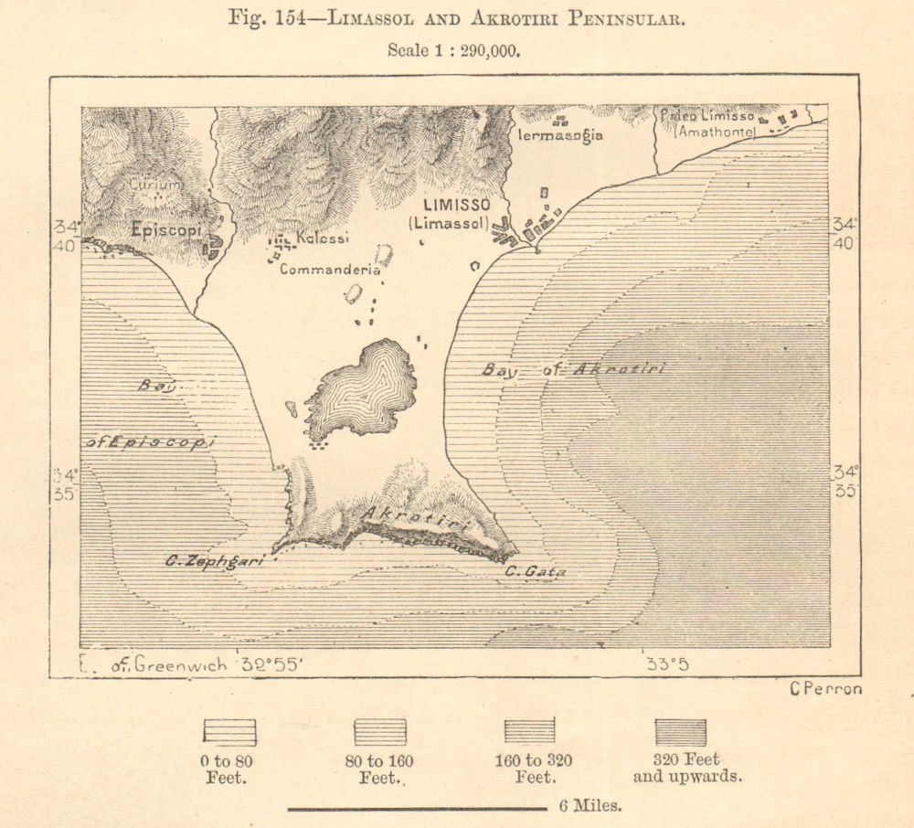 Limassol and Akrotiri Peninsular. Cyprus. Episkopi. Sketch map 1885 old
