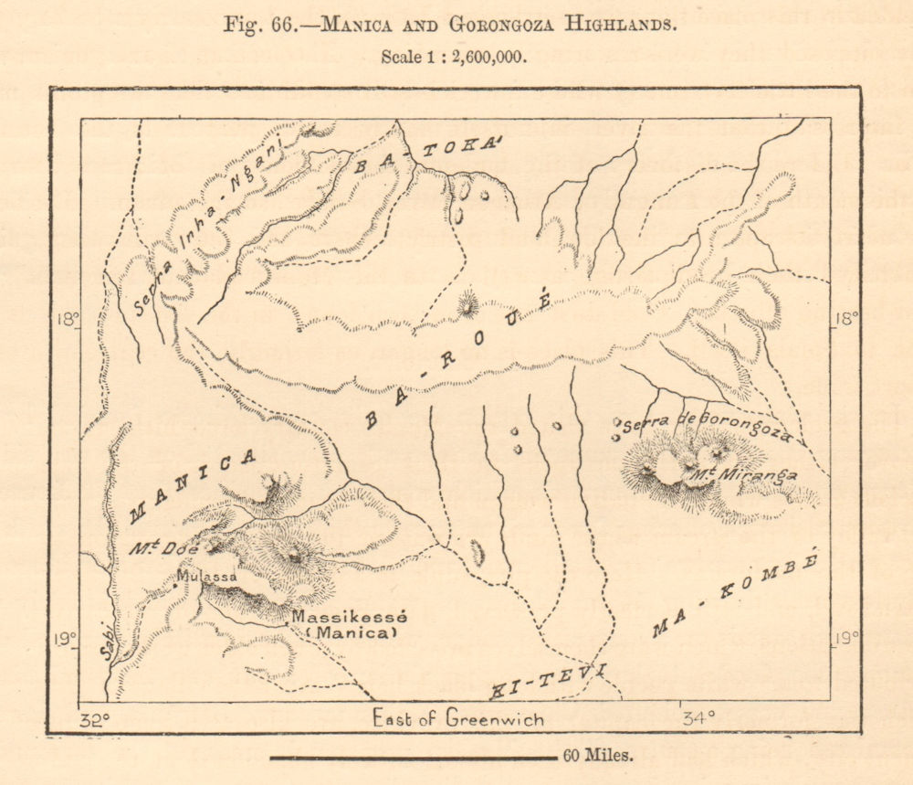Manica and Gorongosa Highlands. Mozambique sketch map 1885 old antique