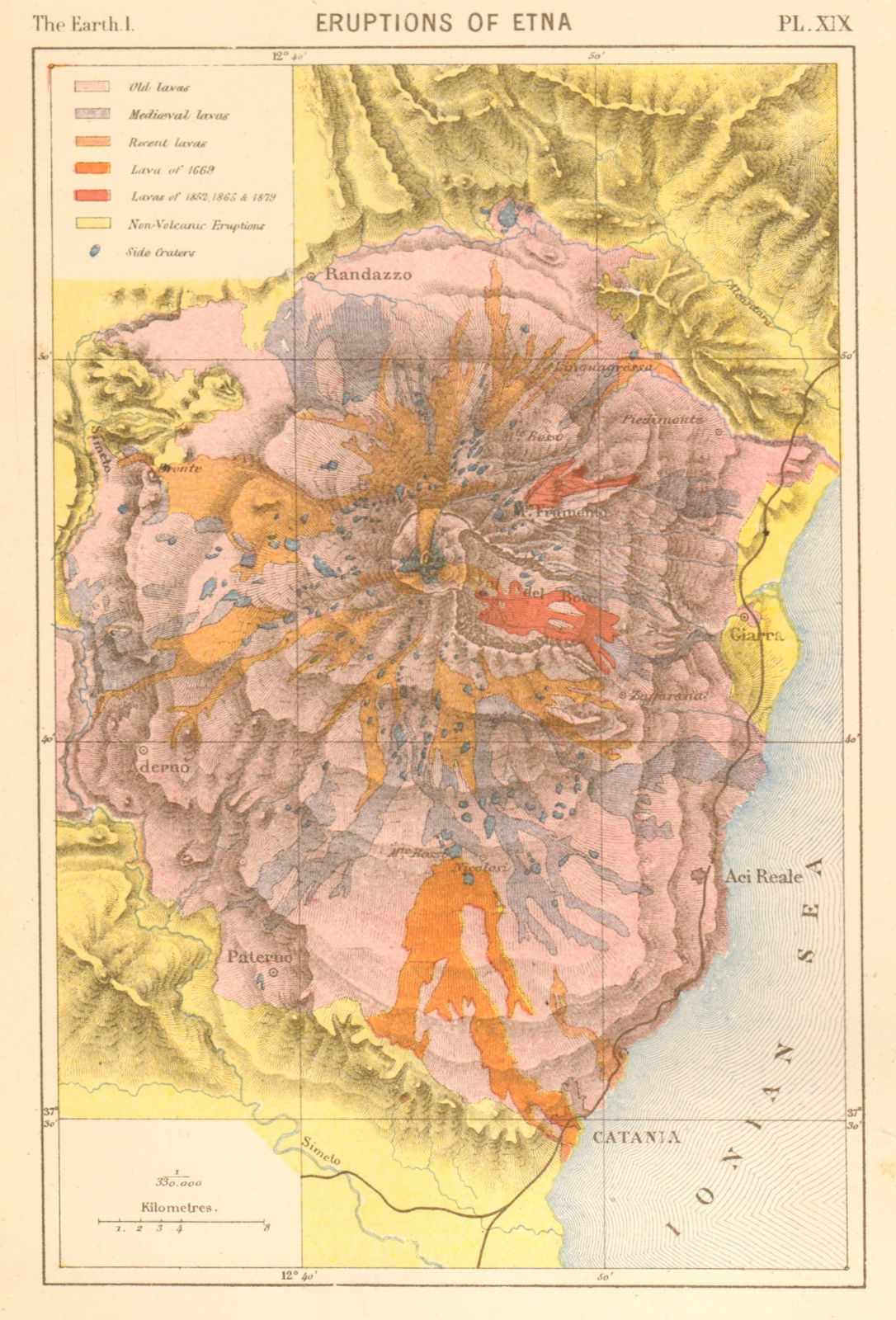 Associate Product Eruptions of Etna. Sicily. Catania. Lava flows 1669 1852 1865 1879 1886 map