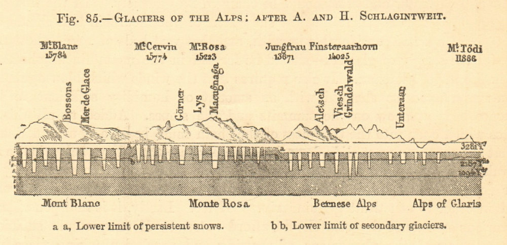 Glaciers of the Alps; after A and H Schlagintweit. Europe. SMALL 1886 print