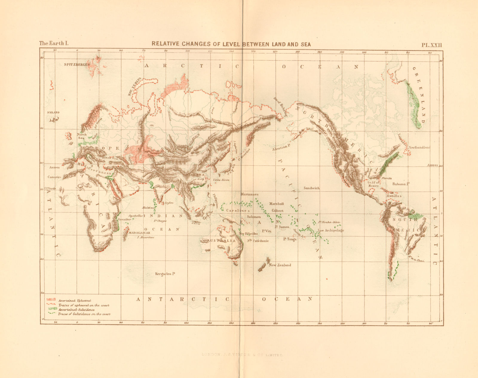 Associate Product Relative Changes of Level Between Land and Sea. World 1886 old antique map