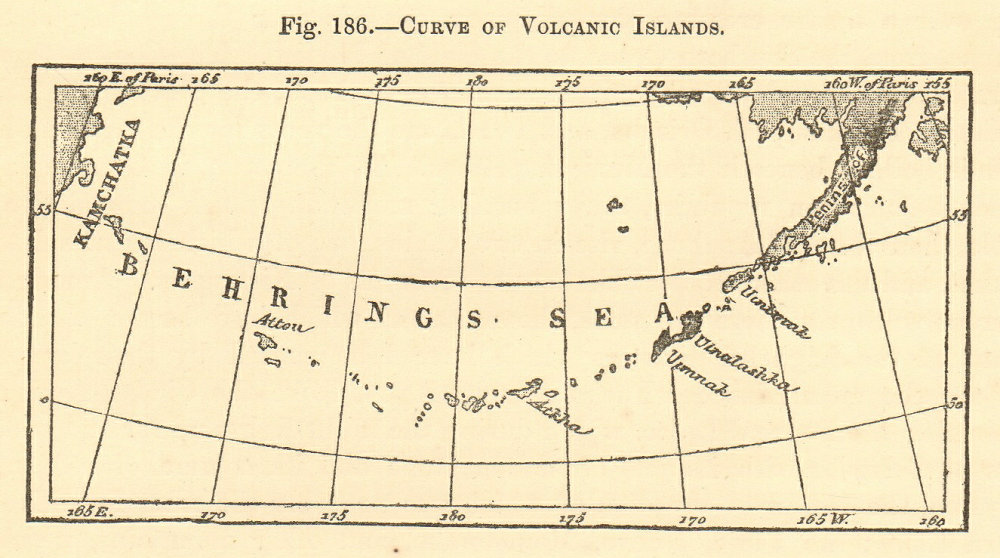 Associate Product Volcanic Islands curve. Alaska Aleutian islands Bering Sea SMALL sketch map 1886