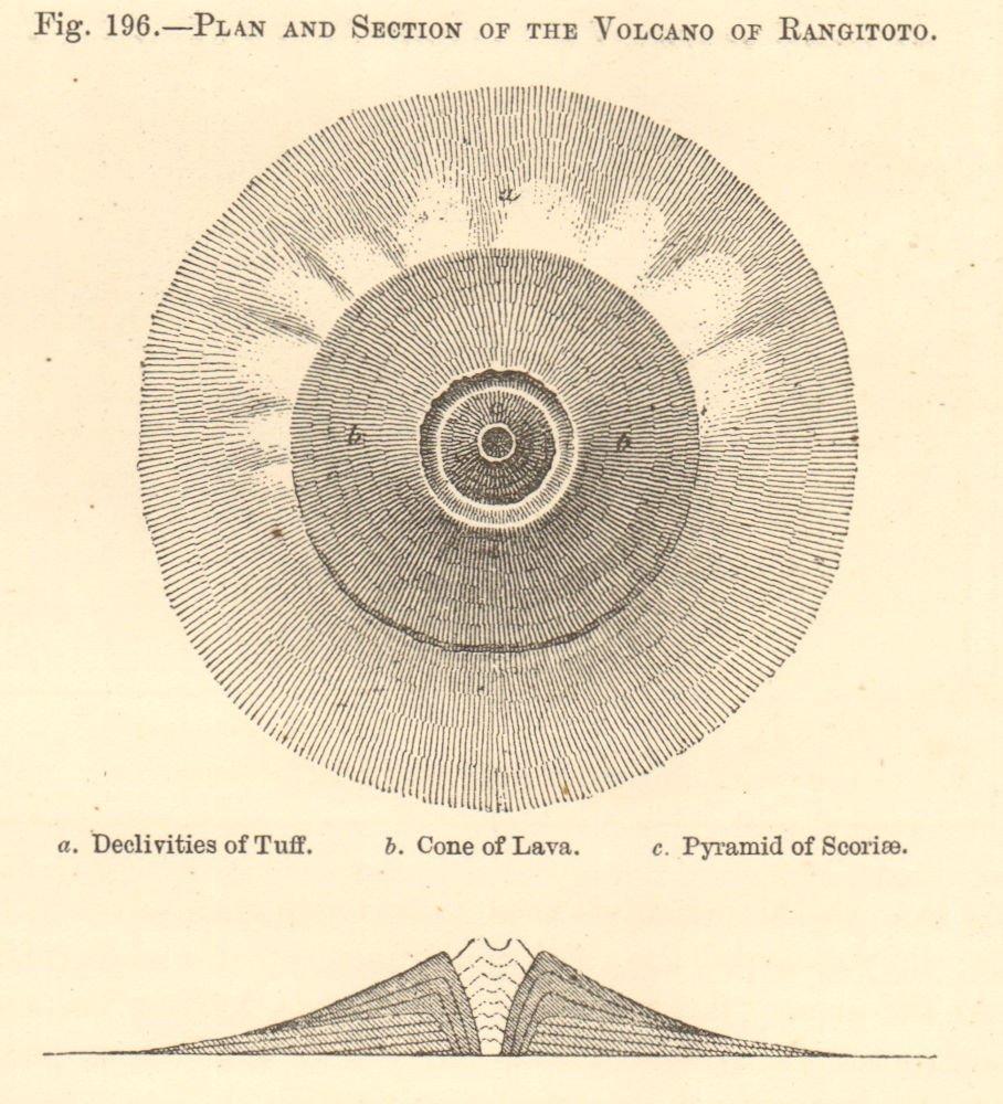 Plan & section Rangitoto volcano. New Zealand. Auckland. SMALL 1886 old map