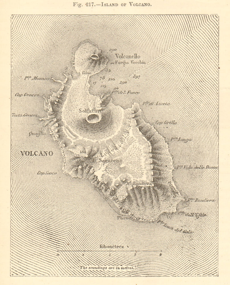 Island of Volcano. Italy. Vulcano, Aeolian Islands. Sketch map 1886 old