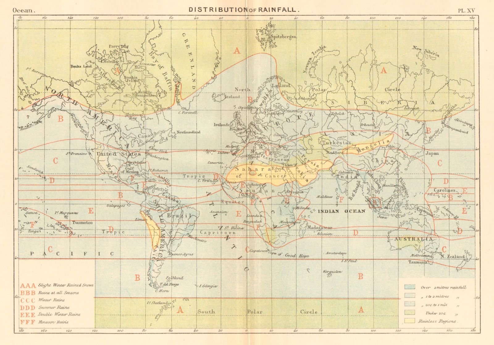 Distribution of Rainfall. World 1886 old antique vintage map plan chart