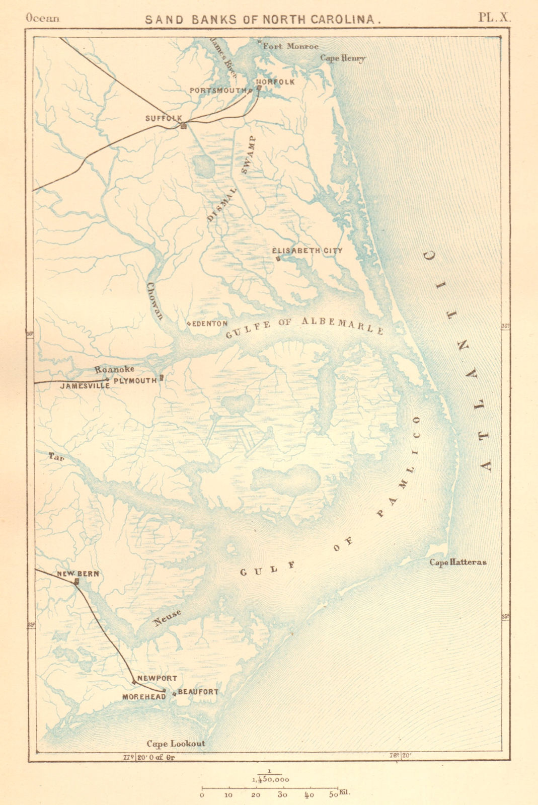 North Carolina Sand Banks. Outer Banks. New Bern Norfolk Virginia Beach 1886 map