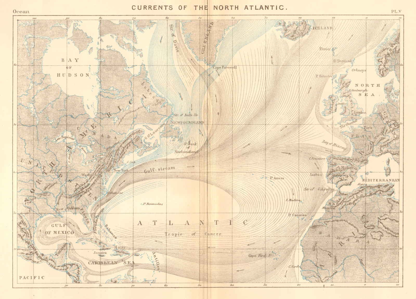 Currents of the North Atlantic Ocean 1886 old antique vintage map plan chart