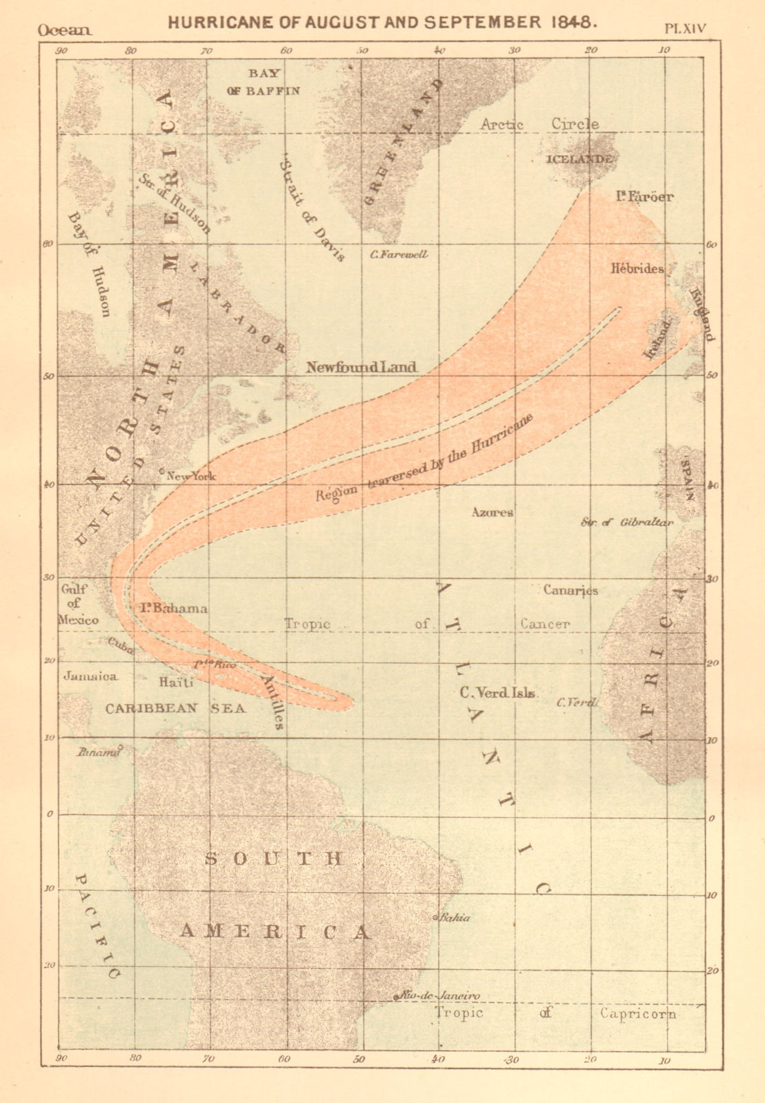 Hurricane of August and September 1848. Atlantic Ocean. Tampa Bay 1886 old map