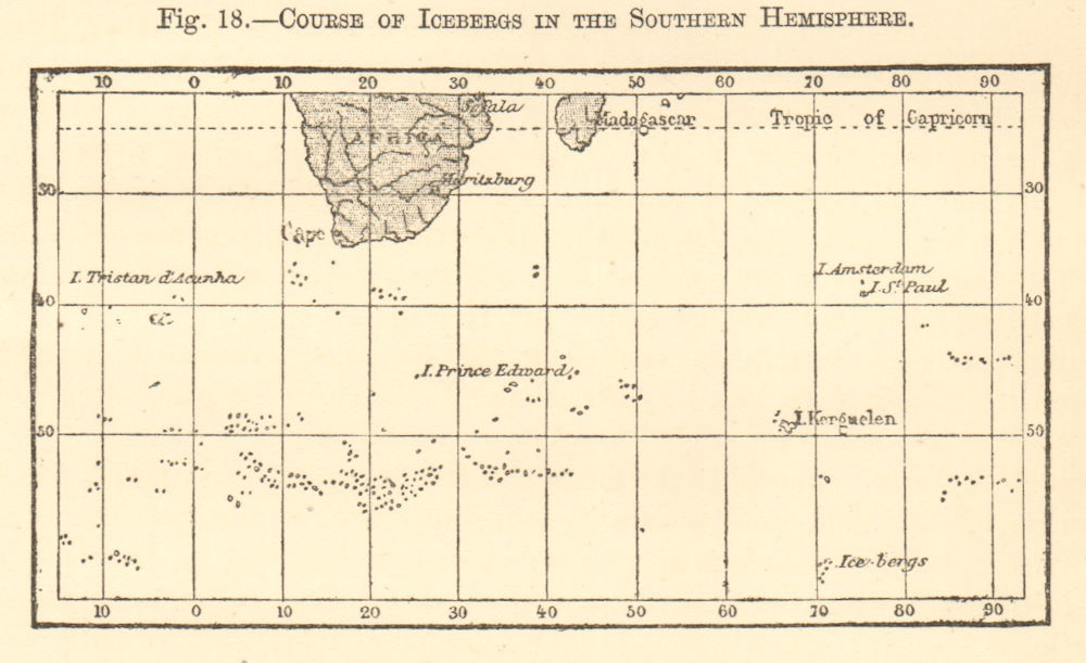 Course of Icebergs in the Southern Hemisphere. Antarctic. SMALL sketch map 1886