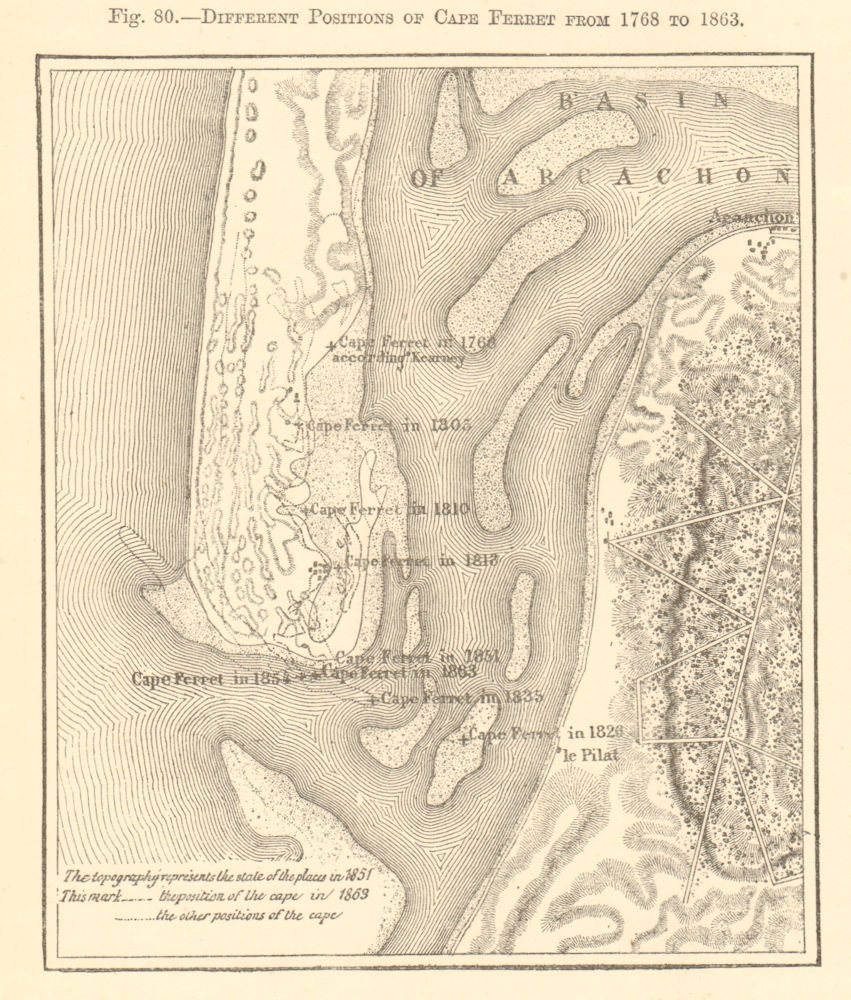 Cap Ferret movement 1768-1863. Gironde. Pilat Arcachon. Sketch map 1886