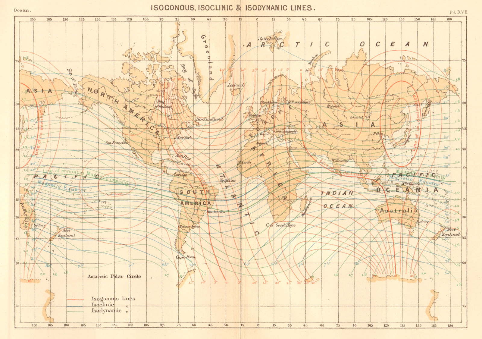 Isogonous, Isoclinic & Isodynamic Lines. World 1886 old antique map plan chart