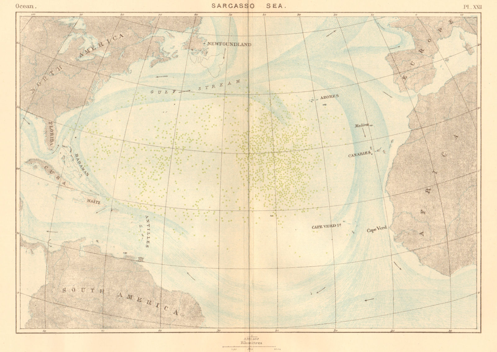 Sargasso Sea. Atlantic Ocean 1886 old antique vintage map plan chart