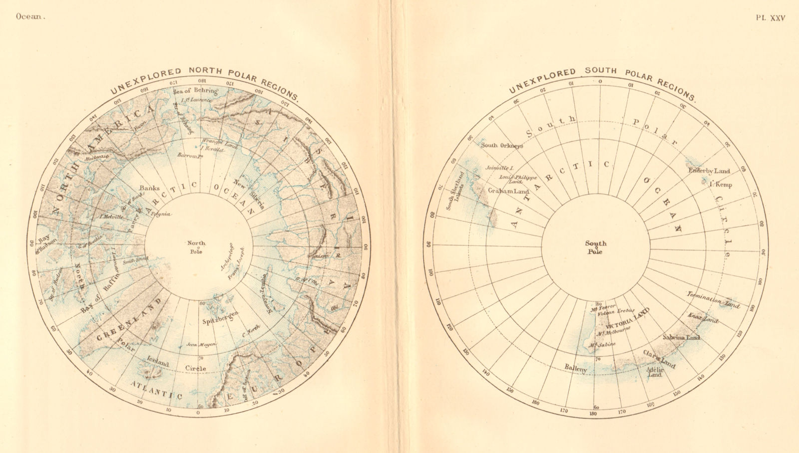 Unexplored North & South Polar Regions. Arctic Antarctic 1886 old antique map