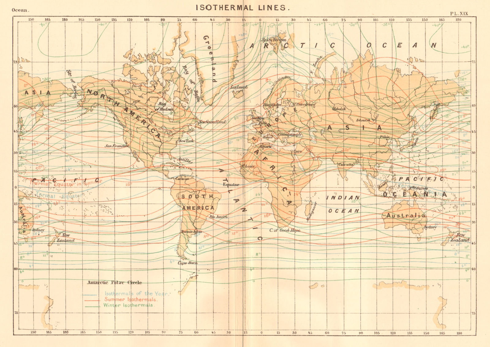 Isothermal Lines. World 1886 old antique vintage map plan chart