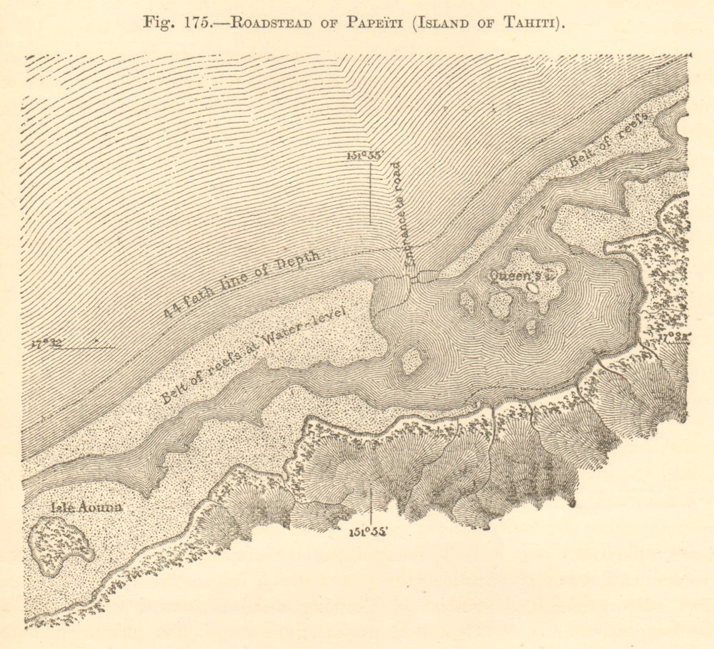 Associate Product Papeiti Roadstead, Tahiti. French Polynesia. Papeete. Sketch map 1886 old
