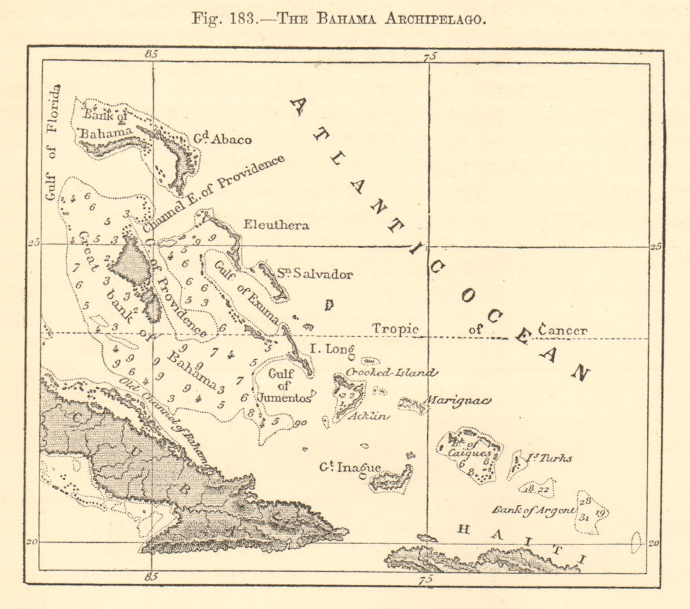 The Bahama Archipelago. Bahamas. Cuba Turks & Caicos. Sketch map 1886 old