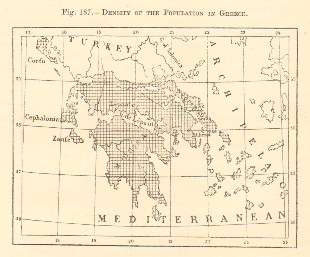 Associate Product Density of the population in Greece. Sketch map 1886 old antique chart