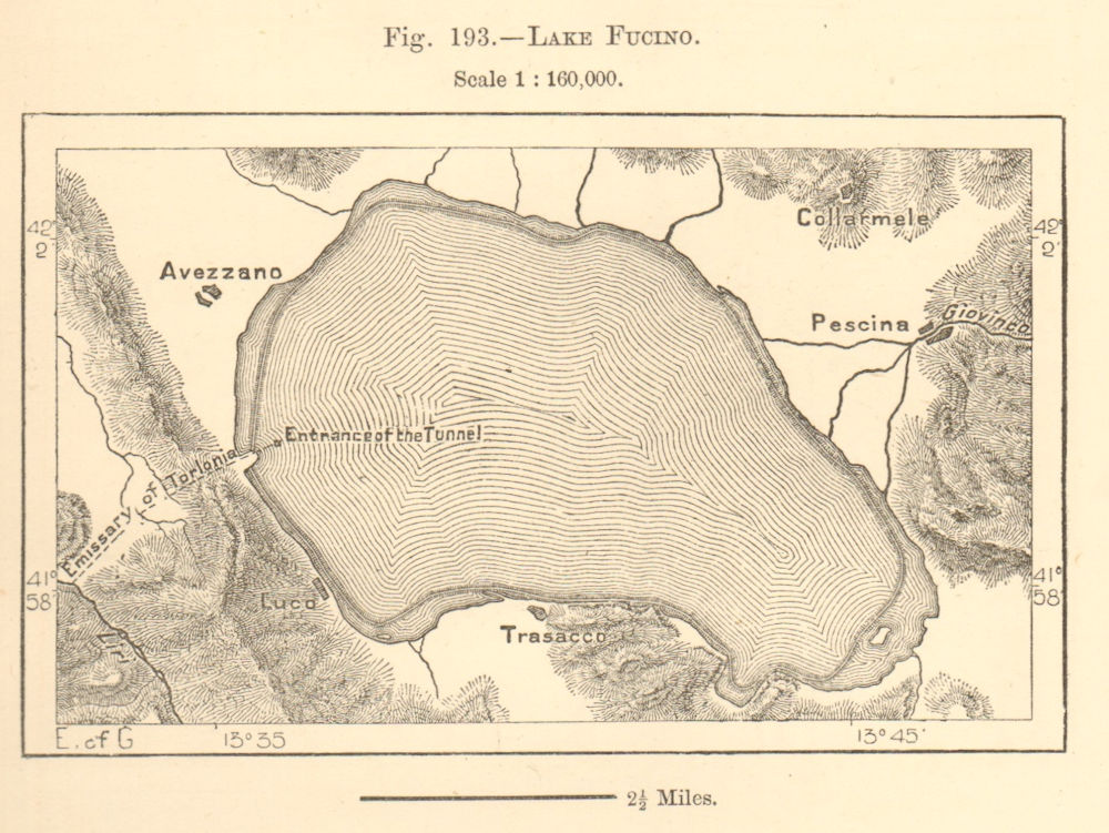 Lake Fucino. Italy. Fucine Lake, Avezzano, Abruzzo. Sketch map 1886 old