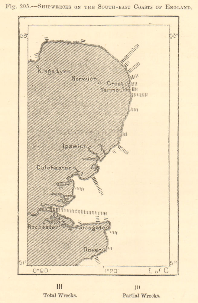 Associate Product South-east coast of England shipwrecks. East Anglia Thames Kent. Sketch map 1886