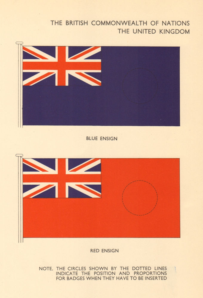 UNITED KINGDOM FLAGS. UK. Blue Ensign, Red Ensign 1955 old vintage print