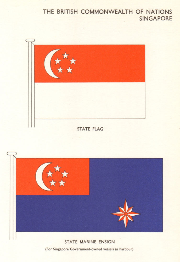 SINGAPORE FLAGS. State Flag, State Marine Ensign 1964 old vintage print