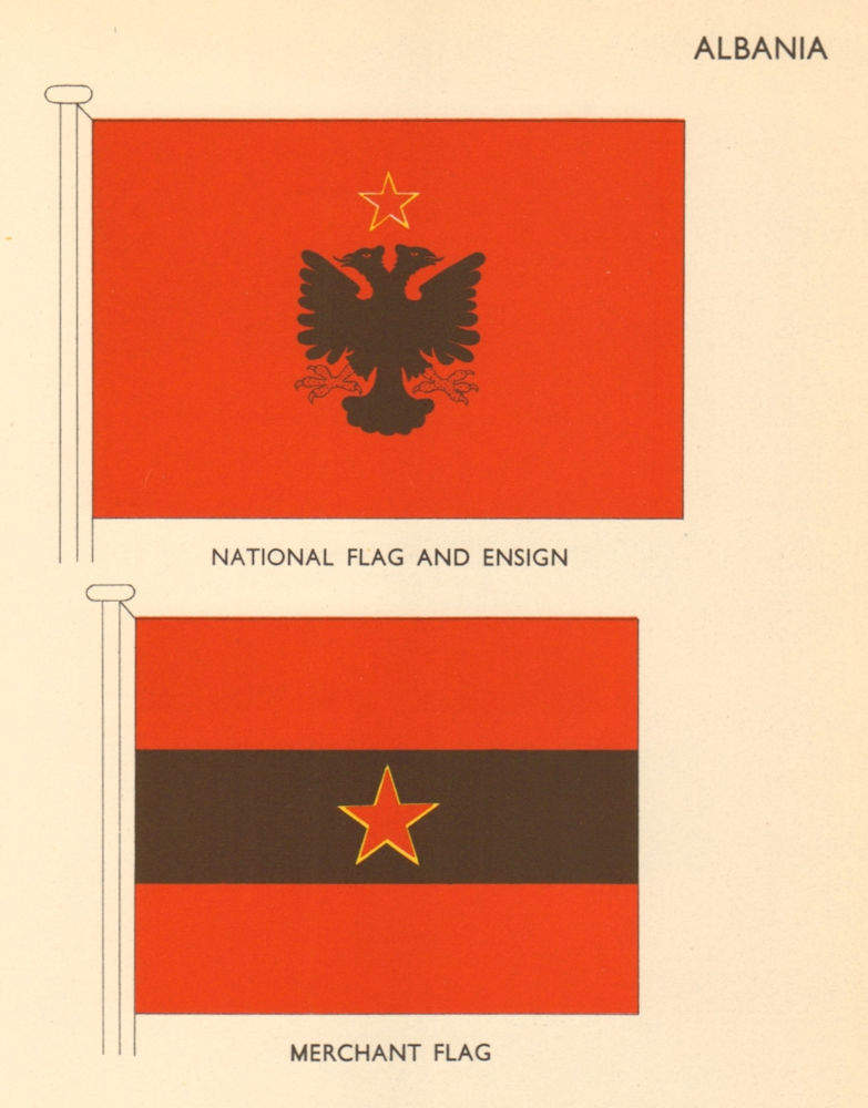 ALBANIA FLAGS. National Flag and Ensign, Merchant Flag 1955 old vintage print