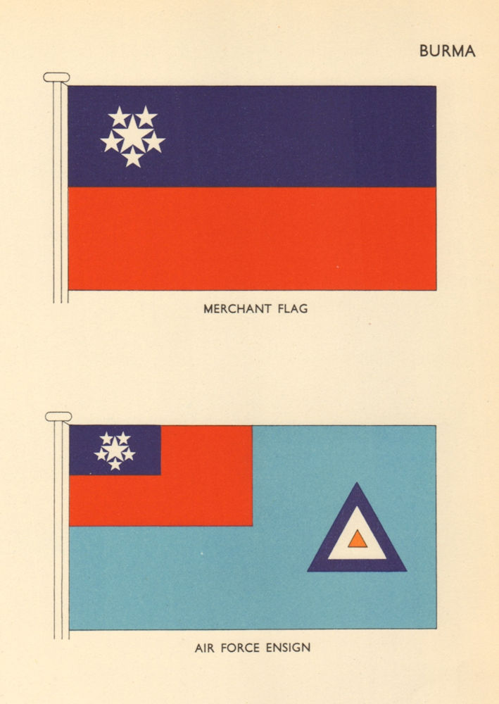MYANMAR FLAGS. Burma. Merchant Flag, Air Force Ensign 1955 old vintage print