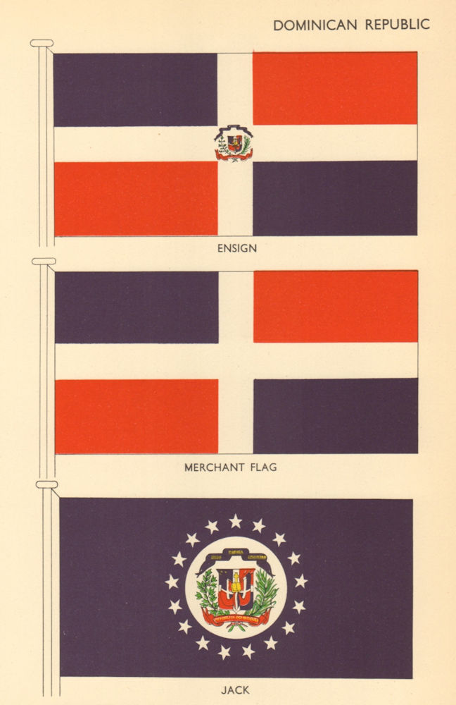 DOMINICAN REPUBLIC FLAGS. Ensign, Merchant Flag, Jack 1955 old vintage print