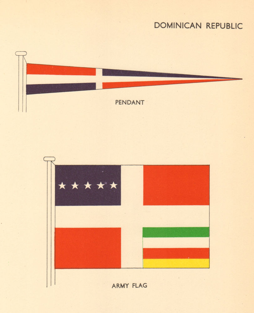 DOMINICAN REPUBLIC FLAGS. Pendant, Army Flag 1955 old vintage print picture