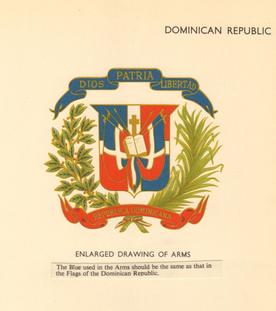 DOMINICAN REPUBLIC FLAGS. Enlarged Drawing of Arms 1955 old vintage print