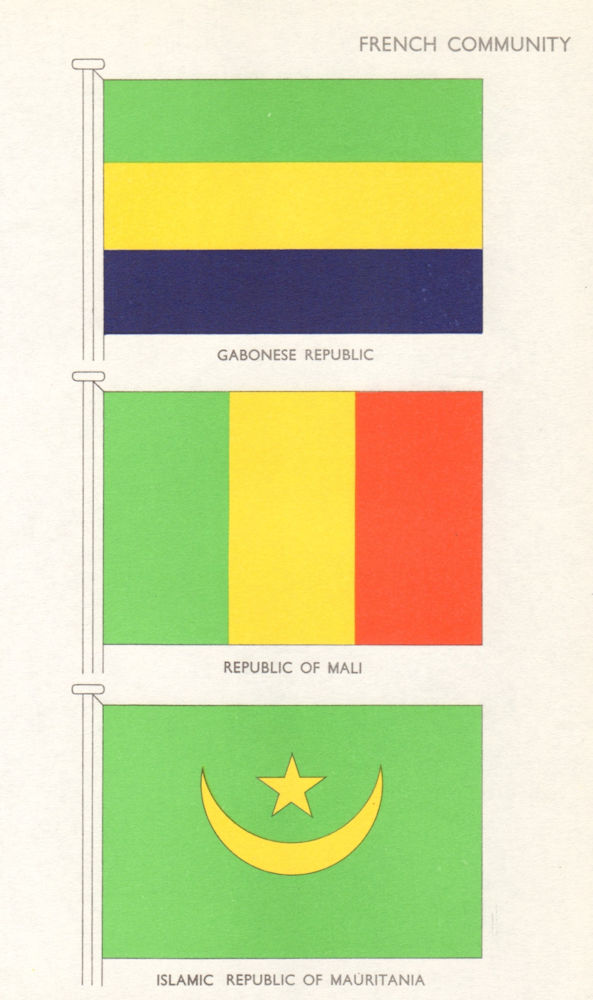 Associate Product WEST AFRICA FLAGS. French Community. Gabonese Republic, Mali, Mauritania 1965
