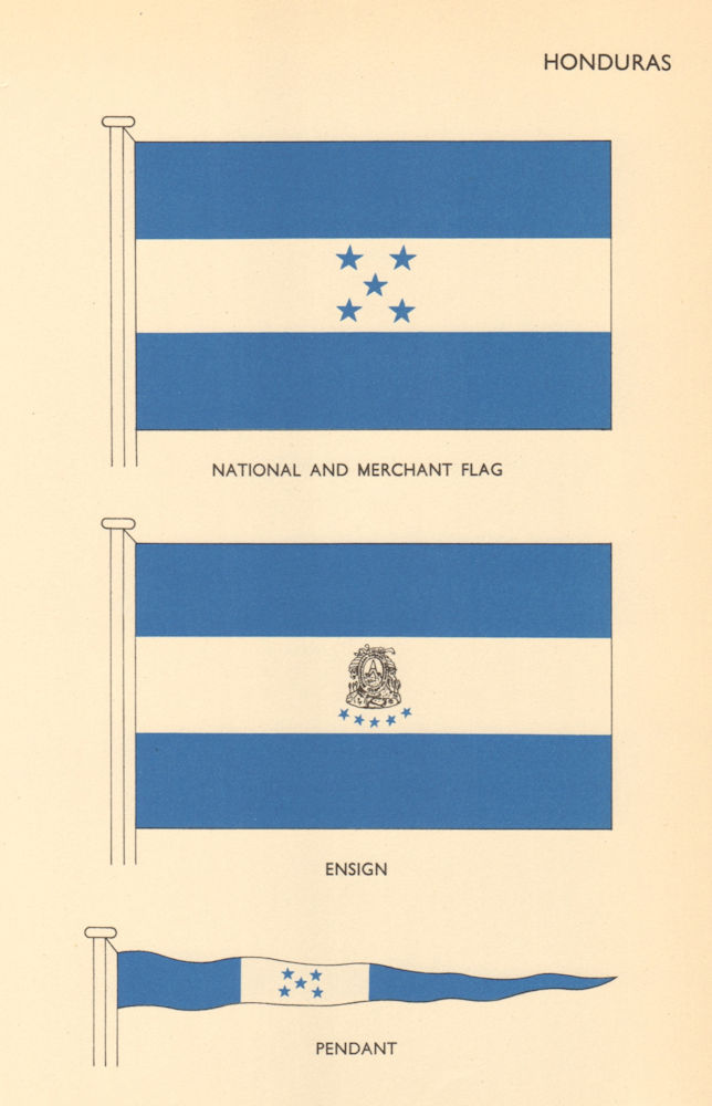 HONDURAS FLAGS. National and Merchant Flag, Ensign, Pendant 1955 old print