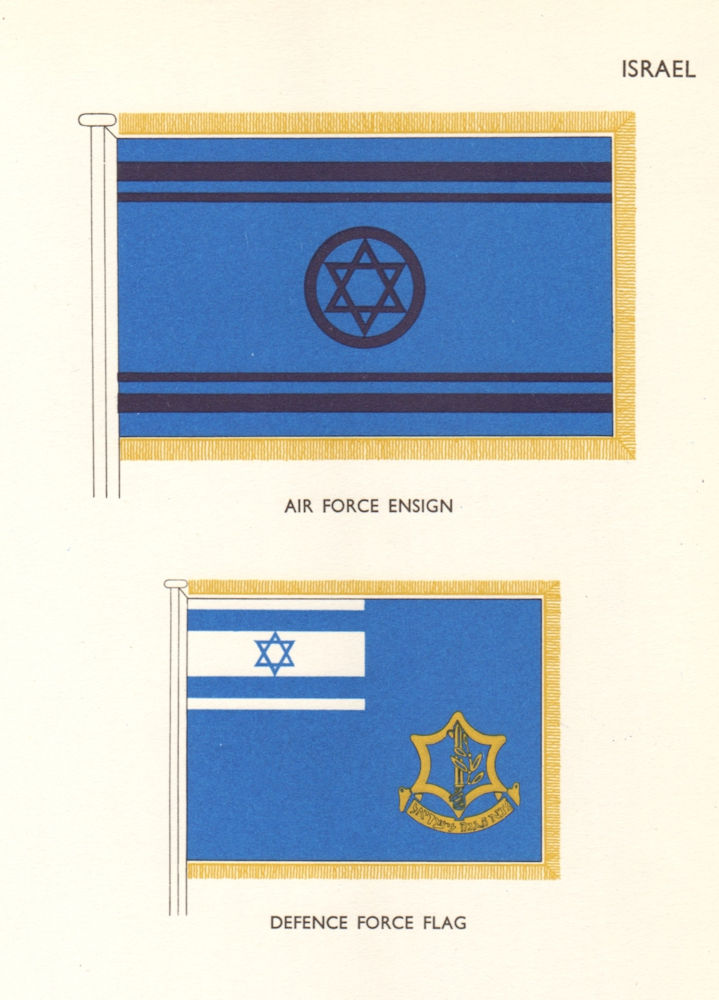ISRAEL FLAGS. Air Force Ensign, Defence Force Flag 1964 old vintage print