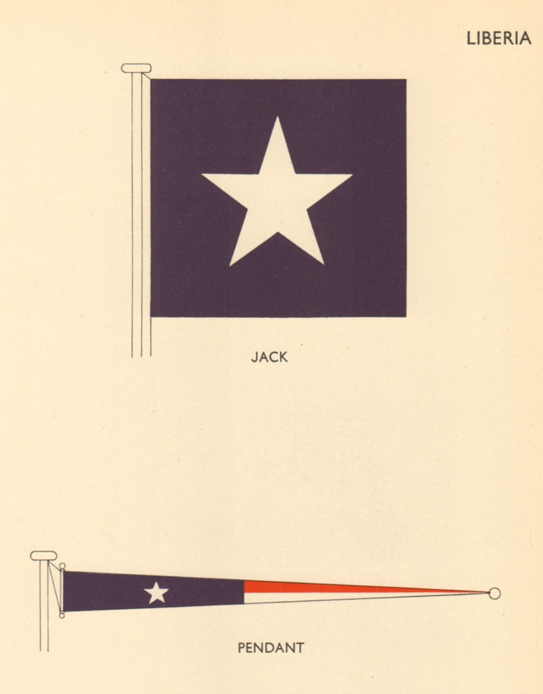 LIBERIA FLAGS. Jack, Pendant 1955 old vintage print picture