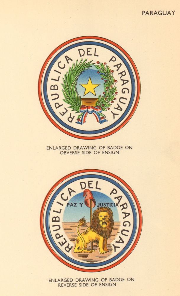 PARAGUAY FLAGS. Badge obverse & reverse side of ensign 1955 old vintage print