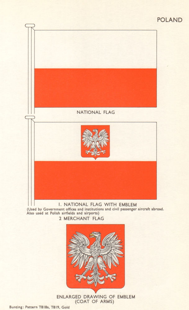 POLAND FLAGS. National Flag with emblem, Merchant Flag. Coat of Arms 1964