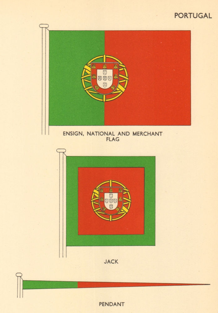 Associate Product PORTUGAL FLAGS. Ensign, National and Merchant Flag, Jack, Pendant 1955 print
